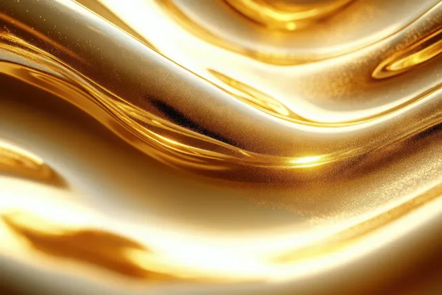 Golden flowing liquid texture with glossy waves and bright reflective highlights