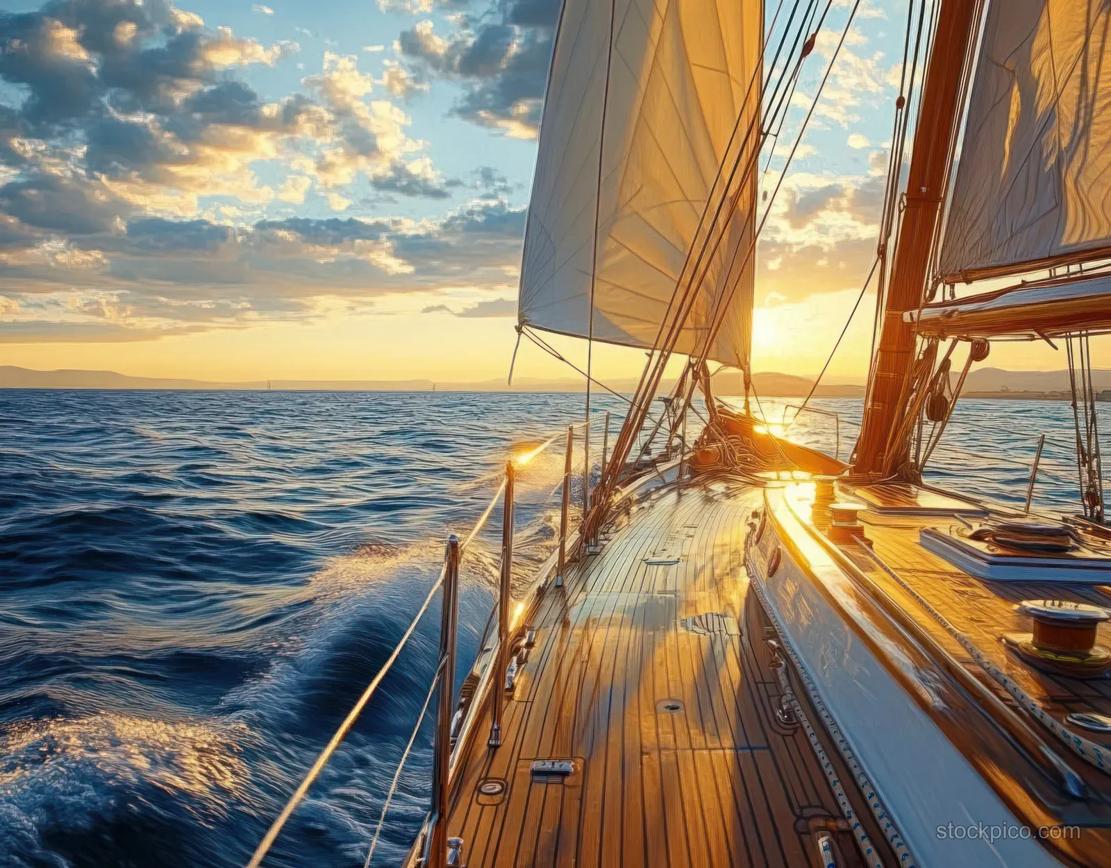Sailboat deck and billowing sails catching sunset light over the sea under partly cloudy skies.
