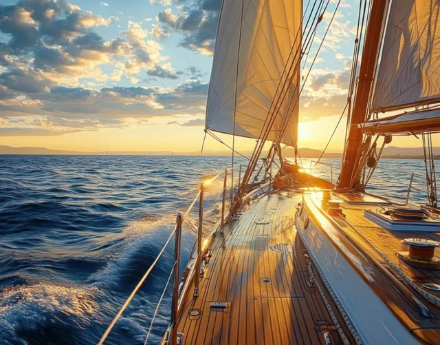 Sailboat deck and billowing sails catching sunset light over the sea under partly cloudy skies.