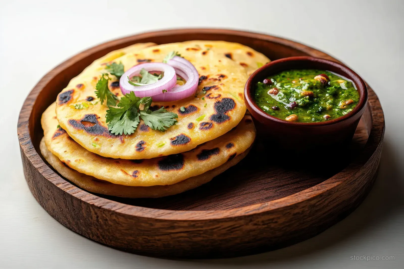 Two garnished Indian flatbreads on a wooden plate with onion rings and a bowl of green chutney dip.