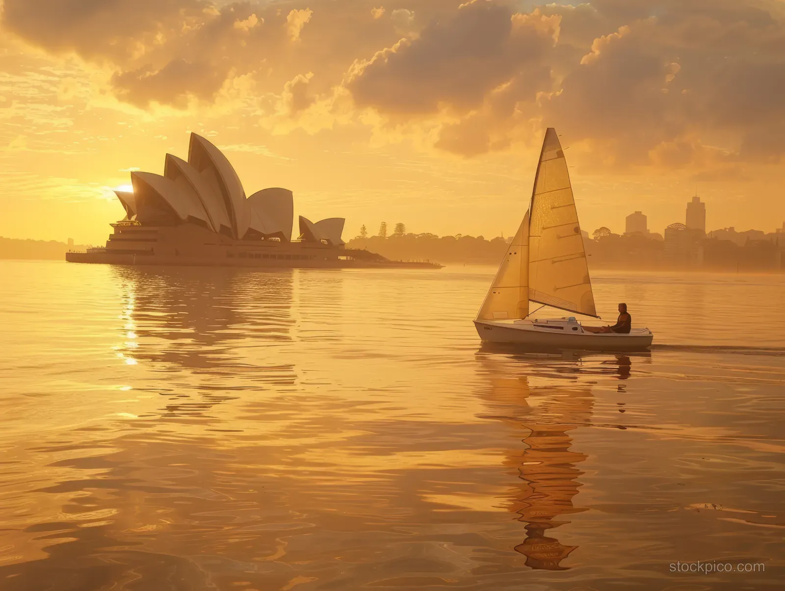A woman sails a laser radial on calm water at sunset with Sydney Opera House visible across the harbor.