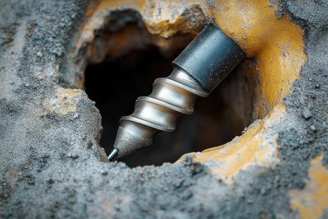 A metal drill bit penetrates dusty concrete, with chipped yellow paint visible around the drilled hole.