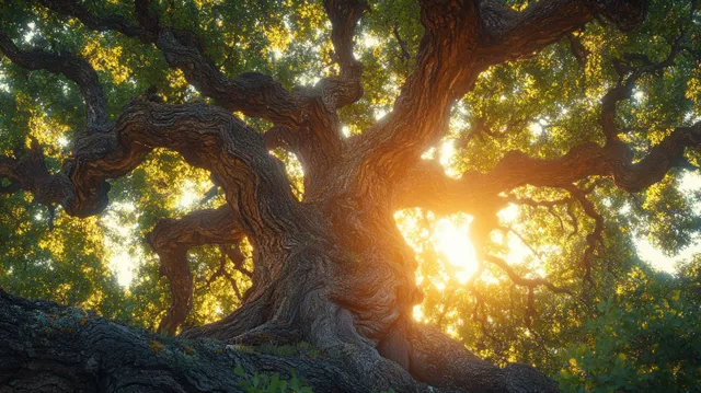 Sunlight streams through leaves beside a textured tree trunk with climbing Monstera vines.