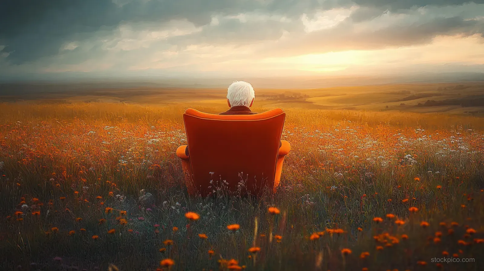 An elderly person with white hair sits alone in an orange armchair in a wildflower field at sunset.