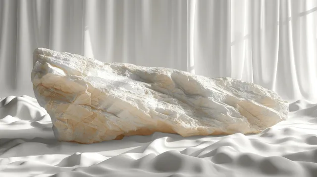Minimal white stone pedestal with draped fabric and soft window light