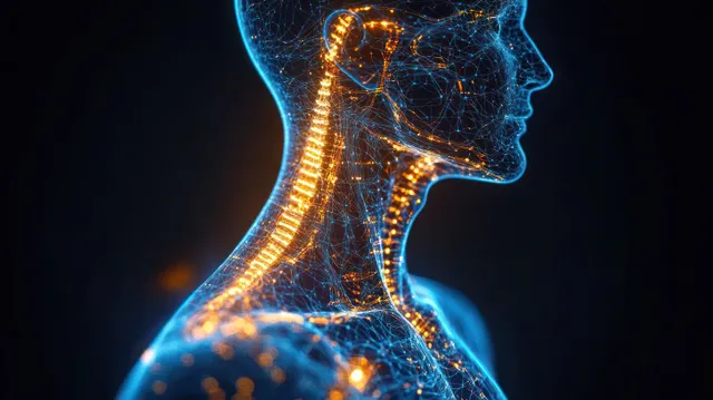 Profile human figure with glowing blue and orange neural network lines highlighting the spinal cord on a dark background.
