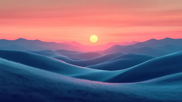 Dreamlike sunset over blurred mountain ridges with soft haze and glowing horizon