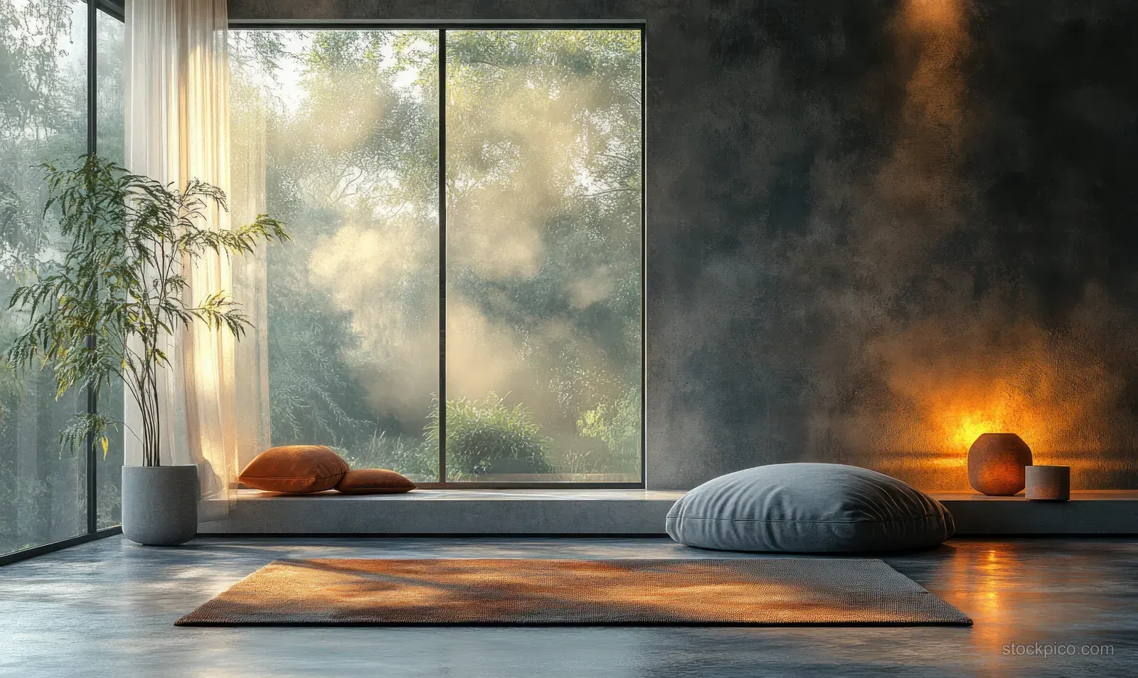 Minimalist living room with sofa, sheer curtains by large windows, and warm lamp glow on a dark wall.