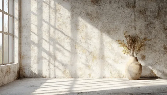 Sunlit minimalist interior corner with textured wall, diagonal light rays, and soft shadow lines