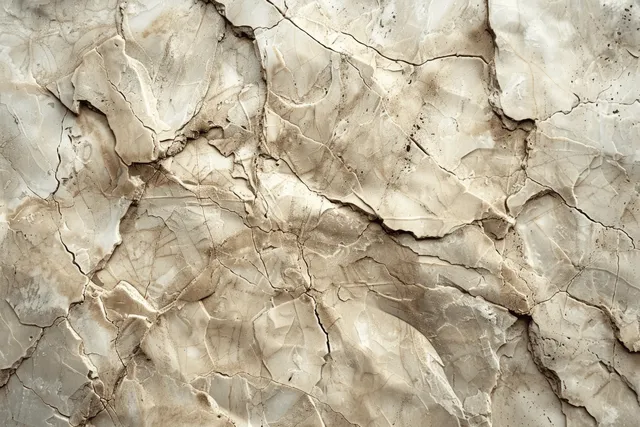 Cracked beige plaster wall texture with raised stucco ridges and weathered sepia stains