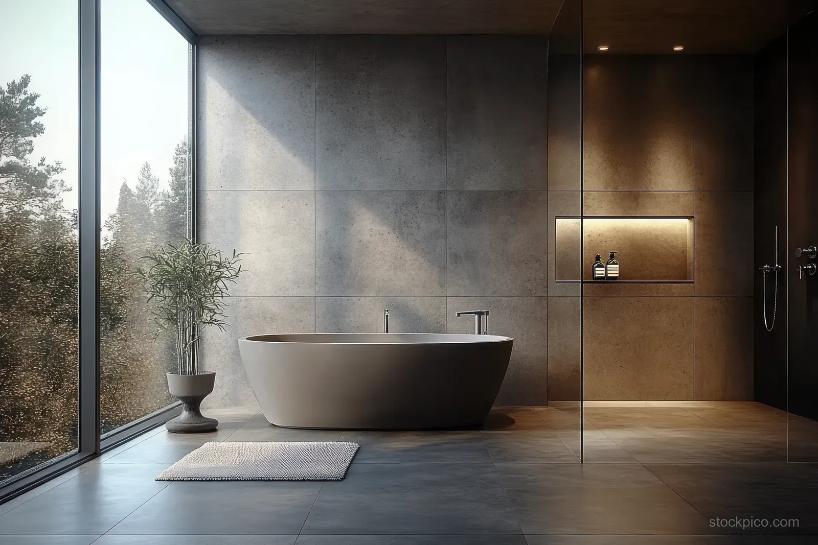 Minimalist bathroom with a freestanding bathtub, glass shower, and warm light reflecting on stone walls.