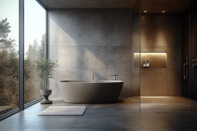 Minimalist bathroom with a freestanding bathtub, glass shower, and warm light reflecting on stone walls.