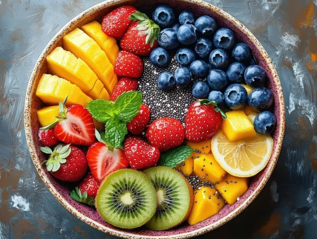 Fruit bowl packed with strawberries, blueberries, mango, kiwi, lemon, chia seeds, and mint leaves on a dark textured background.