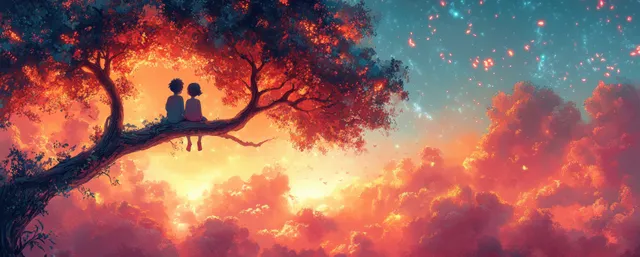 Children sitting on a tree branch at sunset, colorful cartoon silhouettes and glowing sky