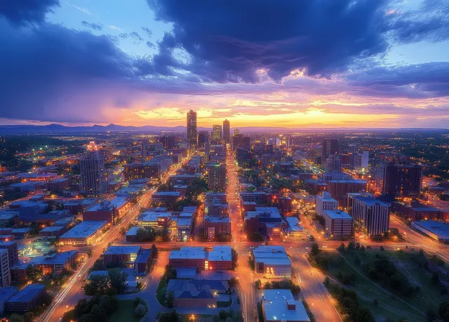 Aerial Downtown Omaha skyline at dusk with glowing streets, tall buildings, and warm twilight clouds.