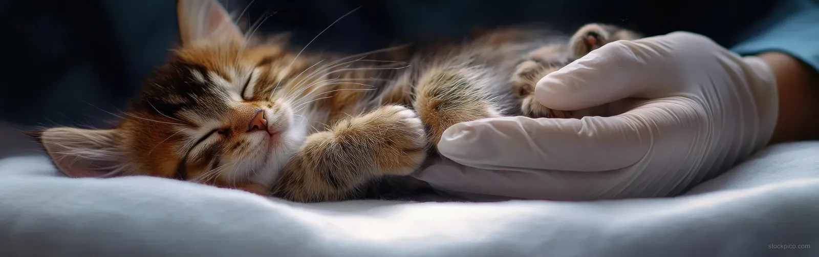 A tabby kitten sleeping peacefully on a soft white surface while white-gloved hands gently cradle it.
