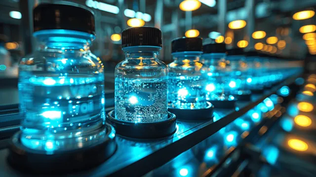 Clear glass ampoules with black caps are arranged on a laboratory shelf, lit by bright blue lights in the background.
