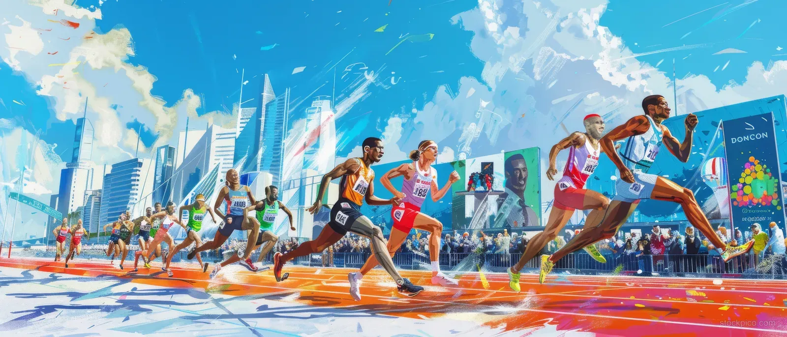 French modern pentathlon relay athletes sprint on an Olympic track beside banners while spectators cheer.