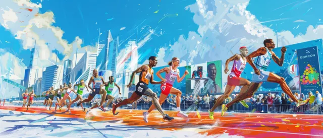 French modern pentathlon relay athletes sprint on an Olympic track beside banners while spectators cheer.