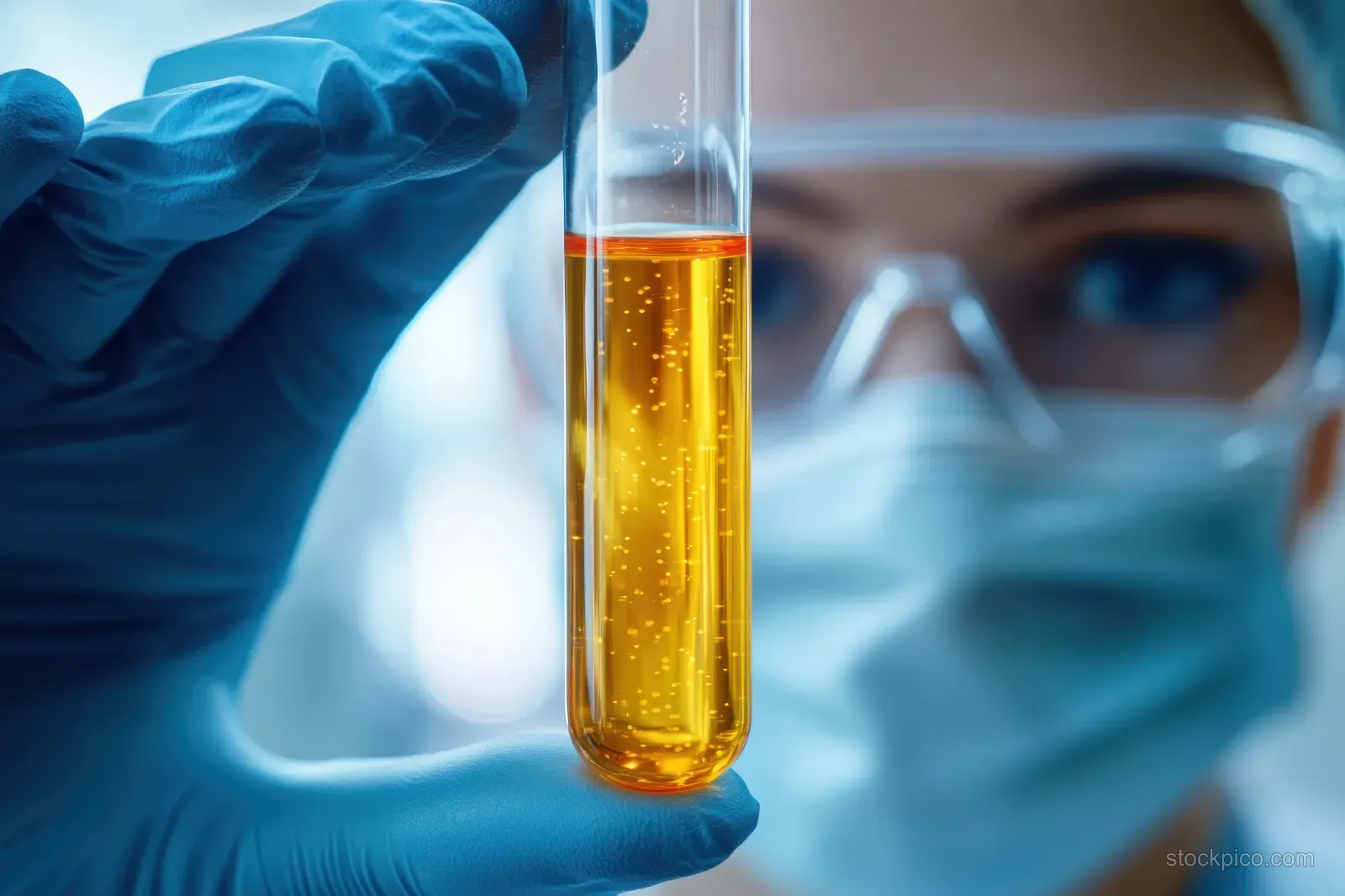 A masked scientist in goggles holds a test tube with bubbling yellow liquid in a laboratory.