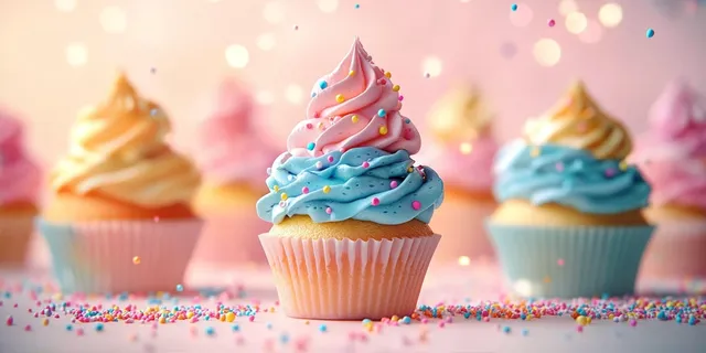 Colorful cupcakes with swirled pink and blue frosting, sprinkled topping on soft pink backdrop