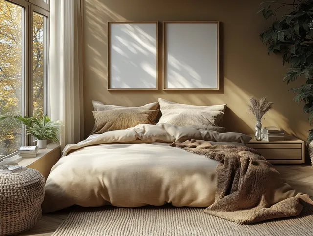 A neatly made minimalist bed sits under framed abstract prints as warm daylight streams through tall windows.