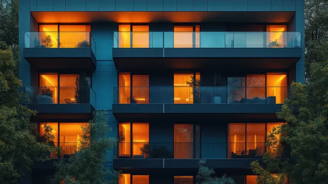 Symmetrical apartment facade with glowing glass balconies and warm windows lighting the evening exterior.