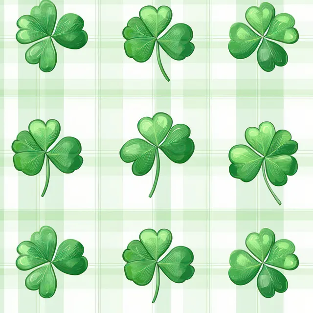 Nine four-leaf clovers form a 3x3 grid over a light green plaid background.