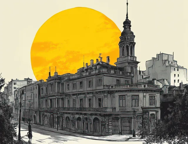 Monochrome historic tower and old rooftops along a quiet street beneath a large glowing yellow sun at dusk.