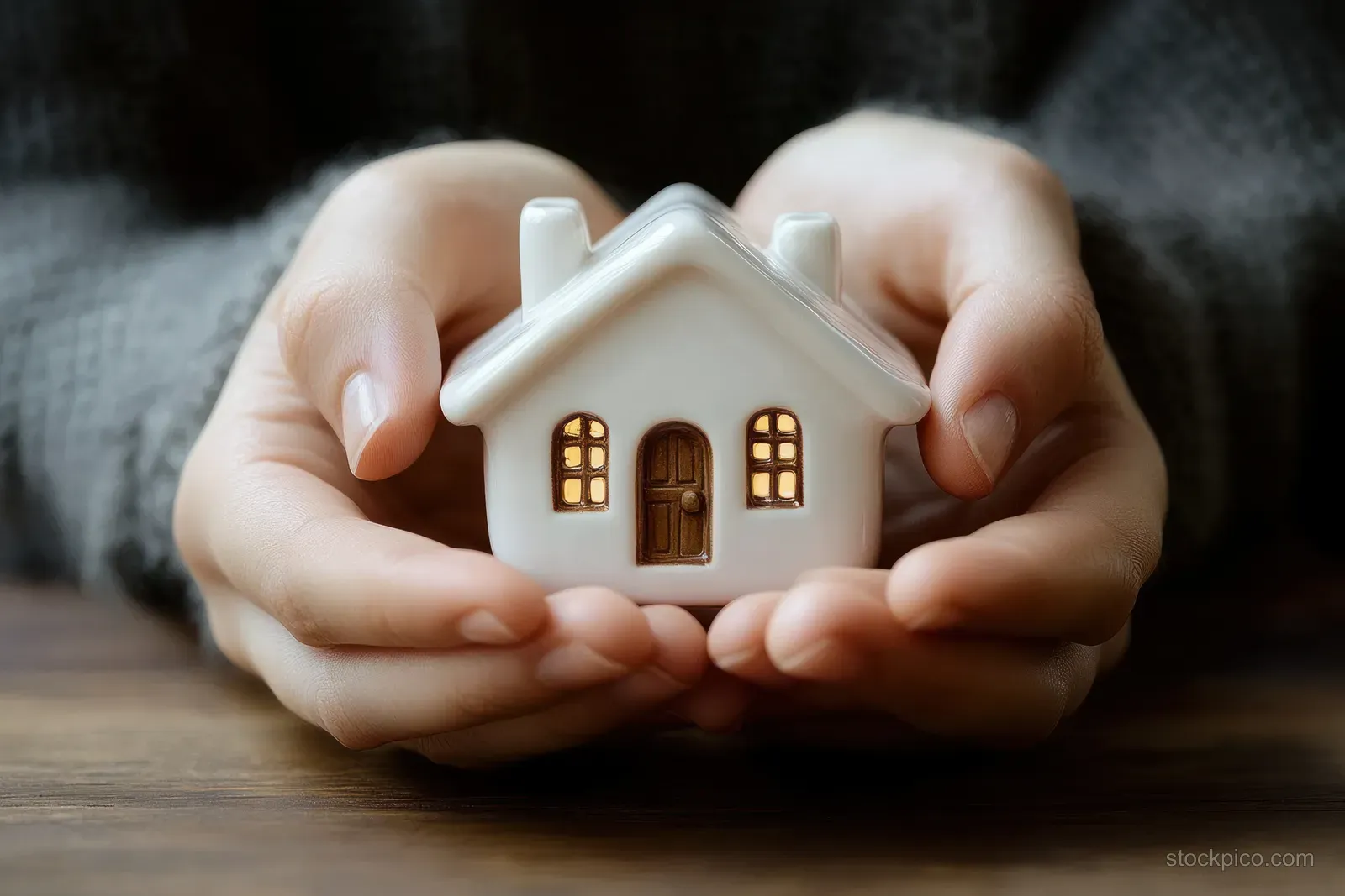 Two hands hold a small house model, symbolizing home protection indoors.