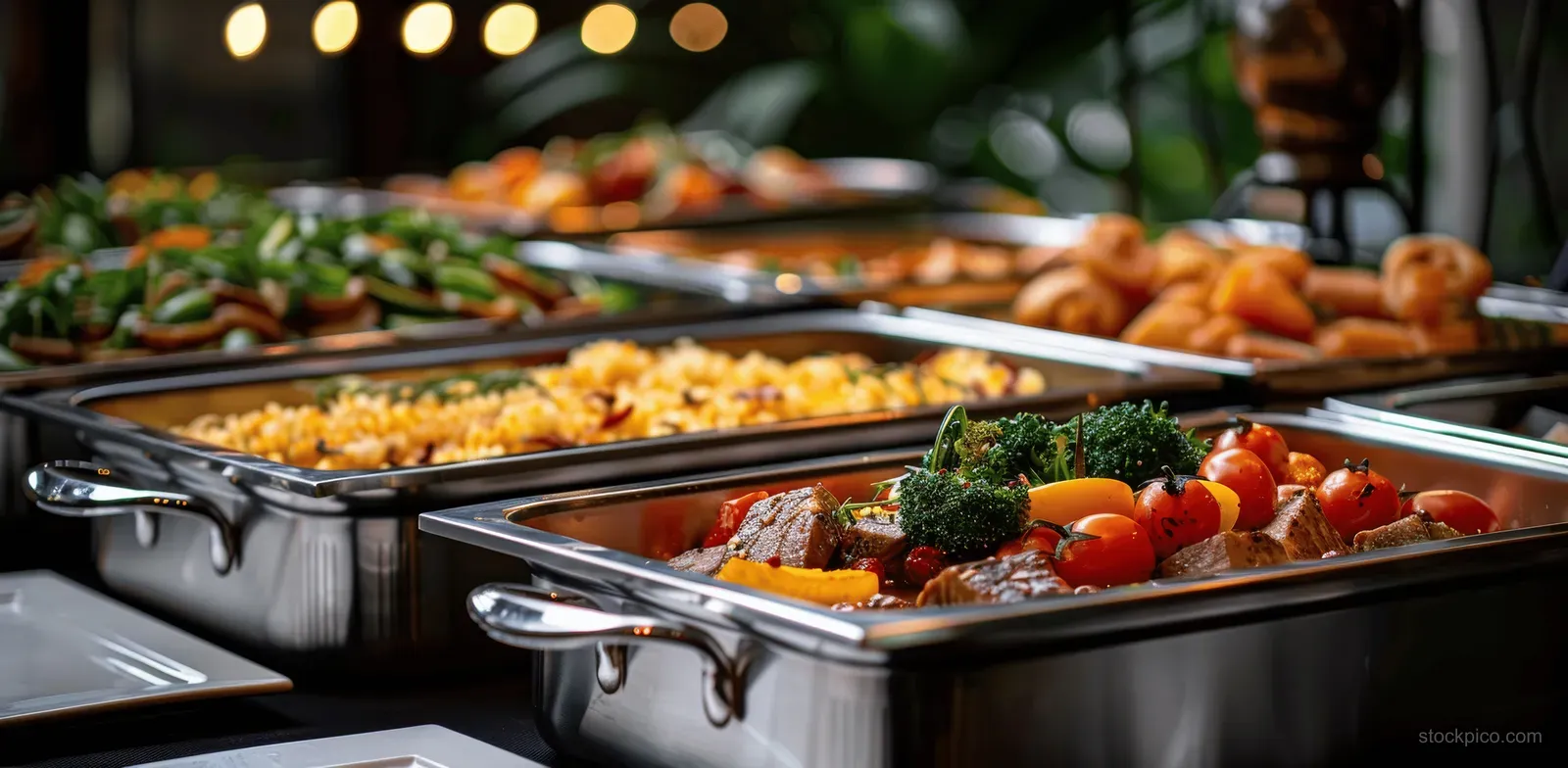Buffet trays of roasted meat, vegetables, and fruit arranged in a hotel dining area.