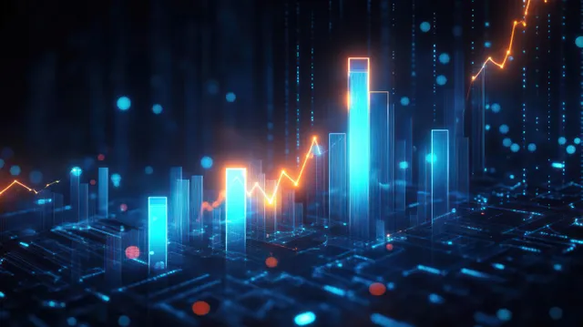 A glowing blue and orange bar chart and rising line graph displayed on a futuristic digital data grid.