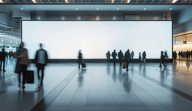 Blank billboard mockup mounted in a bright airport corridor while people walk past in motion blur.