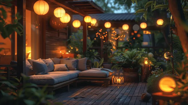 Lantern-lit terrace evening seating area with wooden deck, string lights, and lush plants