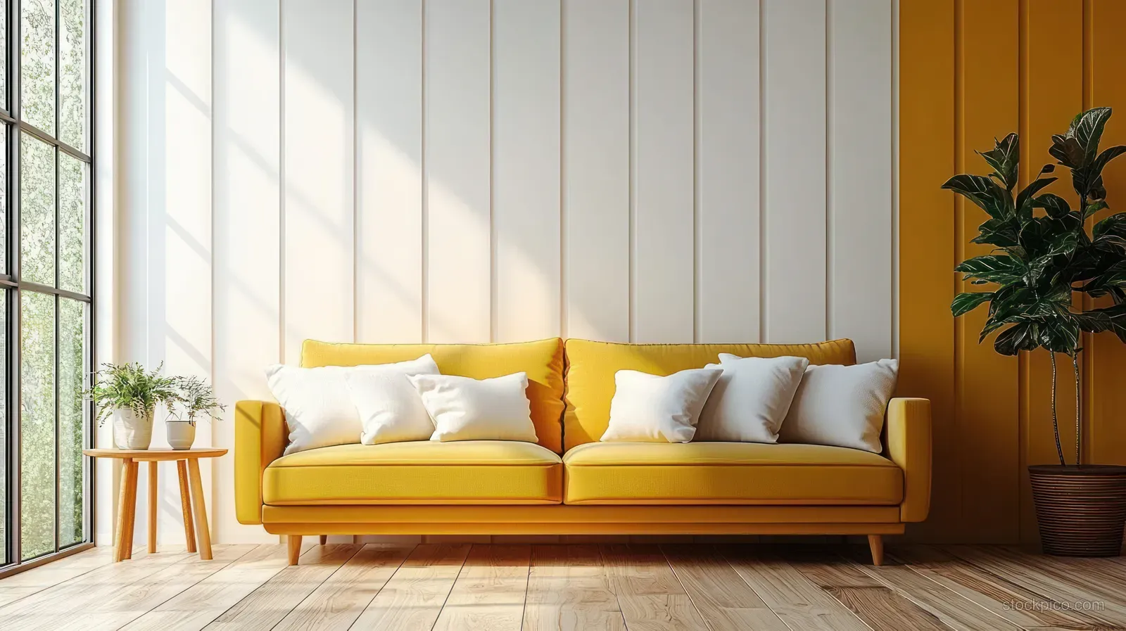 Sunlit minimalist living room featuring a bright yellow sofa with white cushions and indoor plants near a window.