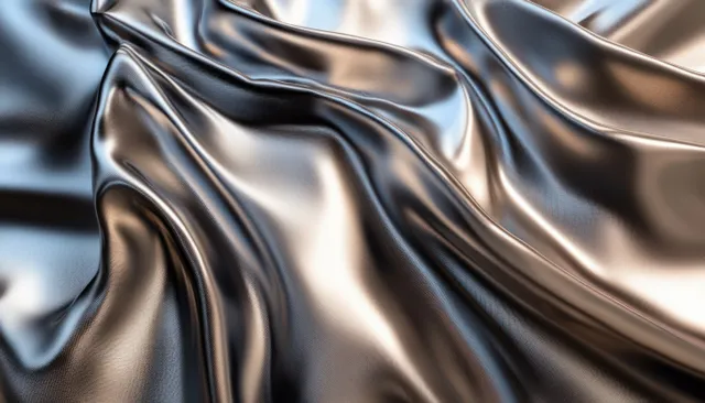 Metallic abstract fluid waves with satin-like reflections and flowing highlights on dark backdrop