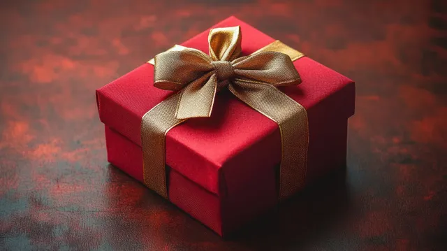 A small red gift box with a shiny golden bow rests on a textured dark red surface.