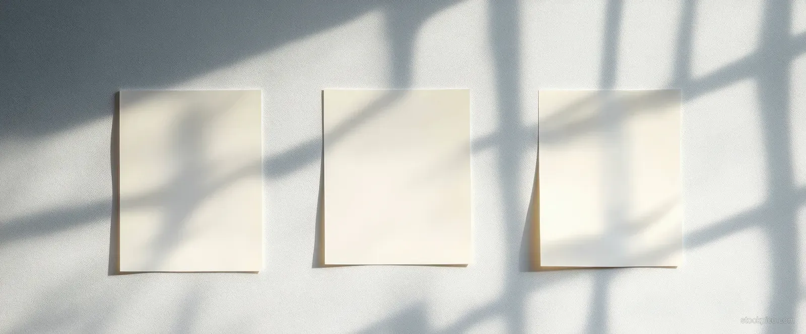 Three blank sticky note squares are taped to an office wall with sunlight shadows.