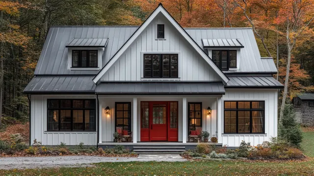 White two-story farmhouse with black windows and a red front door, illuminated porch lights, and autumn trees behind it.