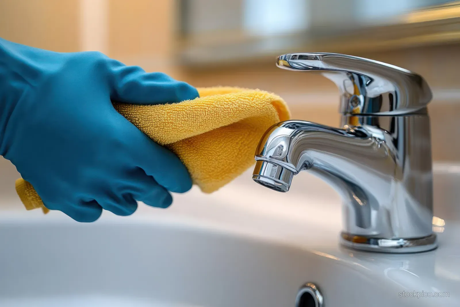 A blue-gloved hand polishes a chrome faucet with a yellow cloth inside a kitchen sink.