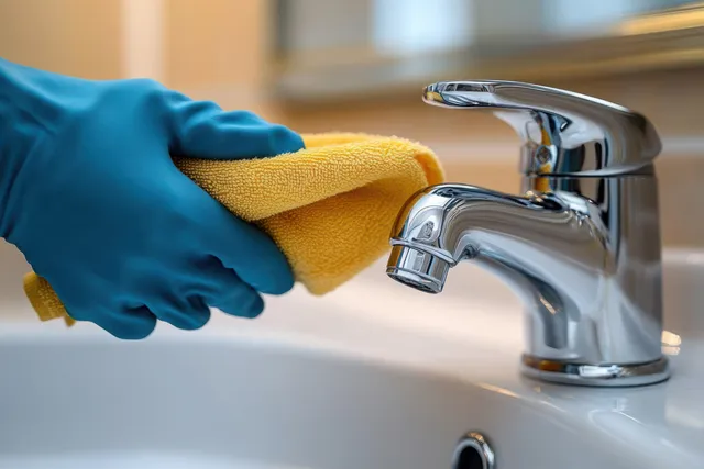 A blue-gloved hand polishes a chrome faucet with a yellow cloth inside a kitchen sink.