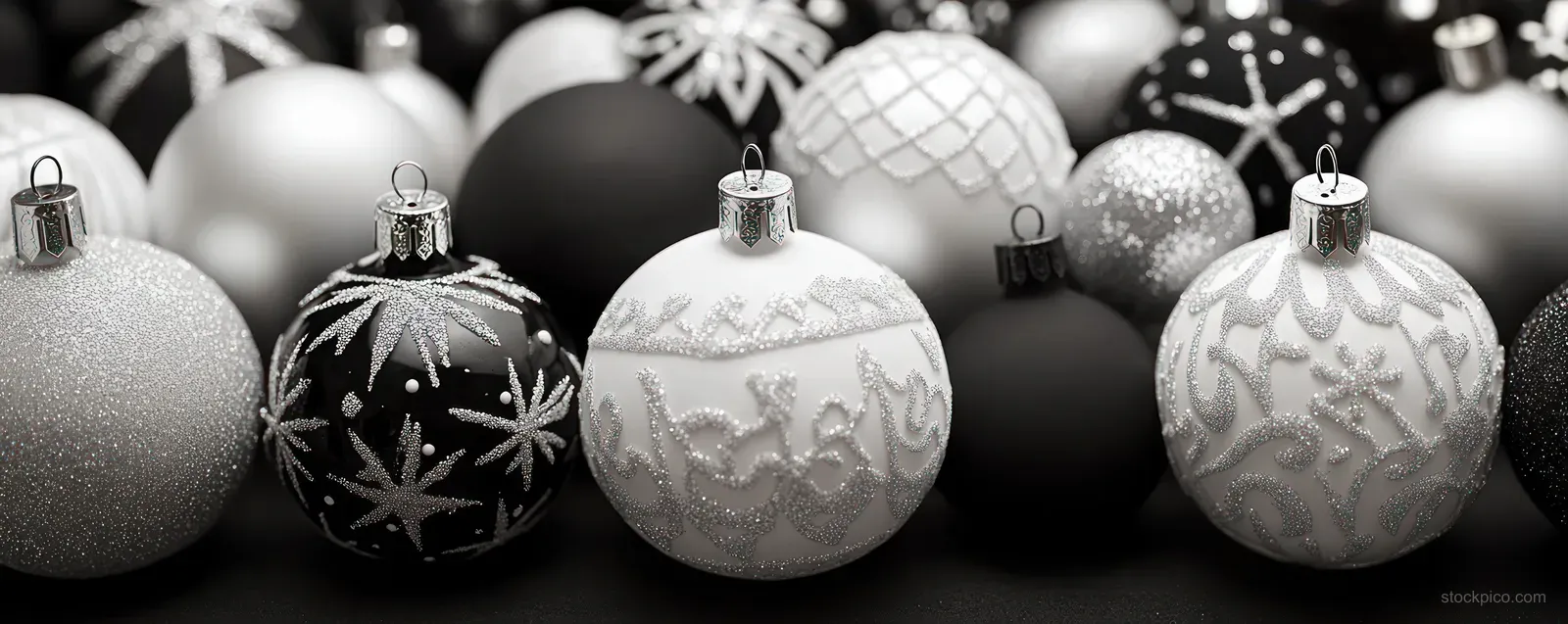Black and white Christmas ornaments with gold snowflake designs arranged on a dark background with softly blurred lights.