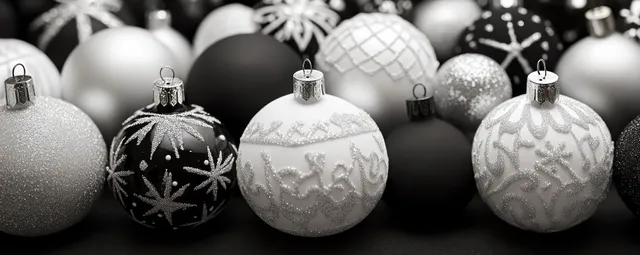 Black and white Christmas ornaments with gold snowflake designs arranged on a dark background with softly blurred lights.