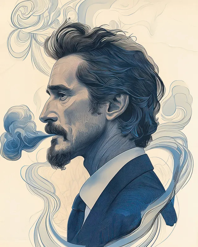 Bearded man in a suit and tie in side profile exhaling swirling blue smoke