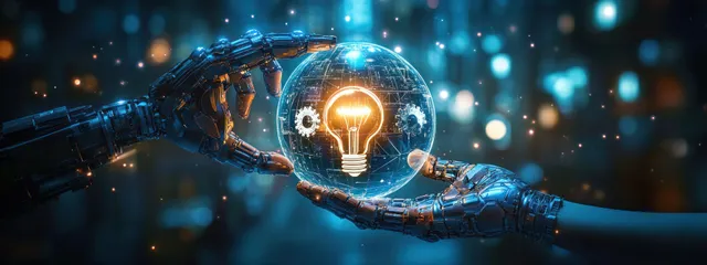 Two metallic robotic hands hold a glowing digital globe showing a light bulb and gear symbols against blue bokeh.