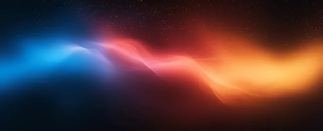 Abstract outer space gradient background with glowing red blue orange waves and faint interstellar dust in dark depth.