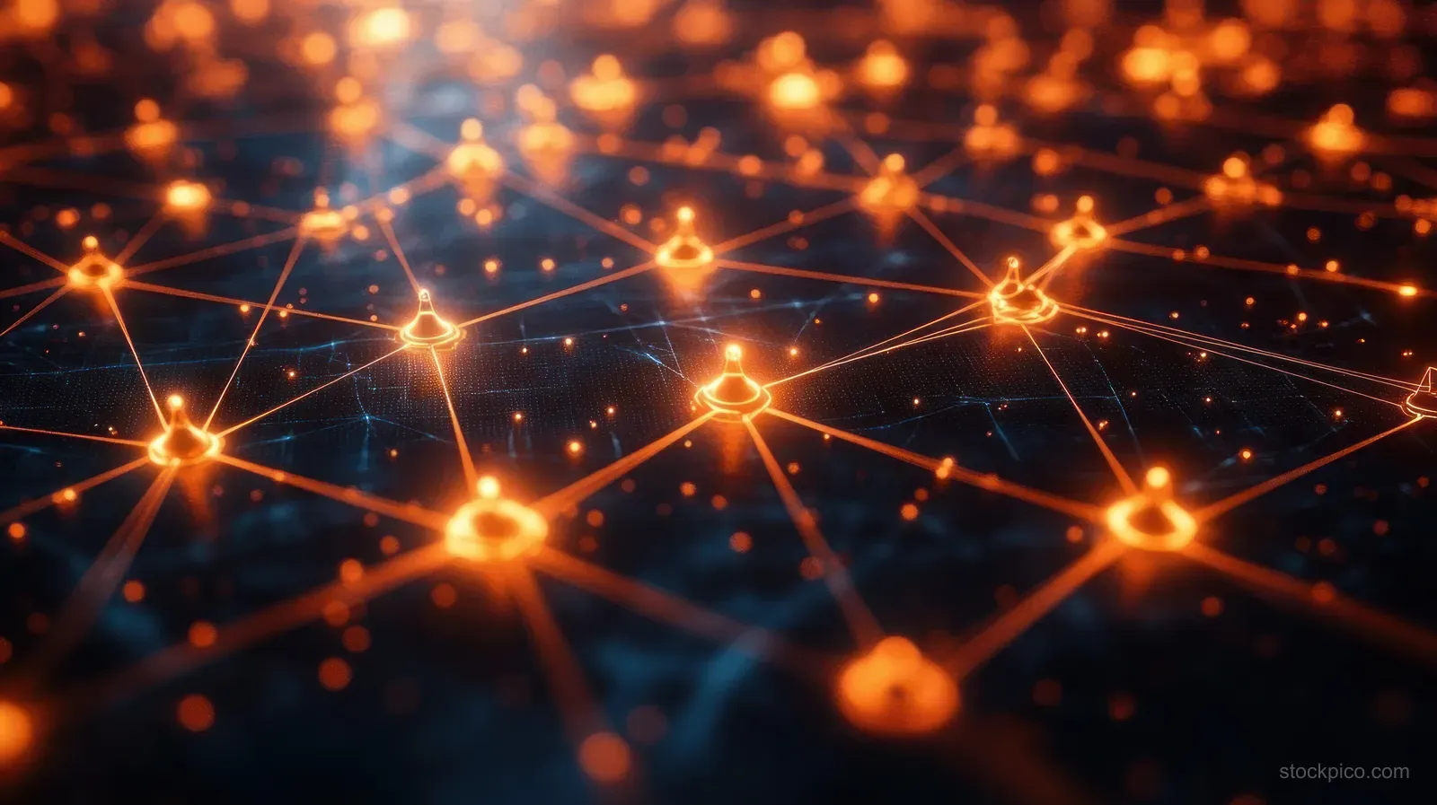 Glowing orange network nodes linked by thin lines on a dark digital grid imply data communication flow.