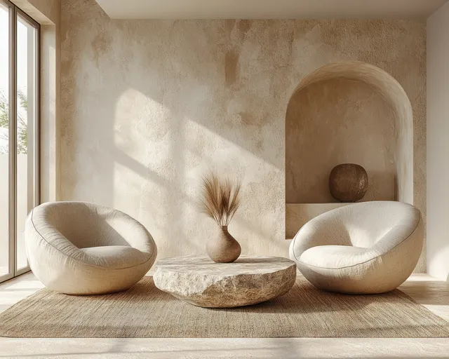 Sunlit minimalist living room with two modern armchairs and a rough stone coffee table on a light rug.