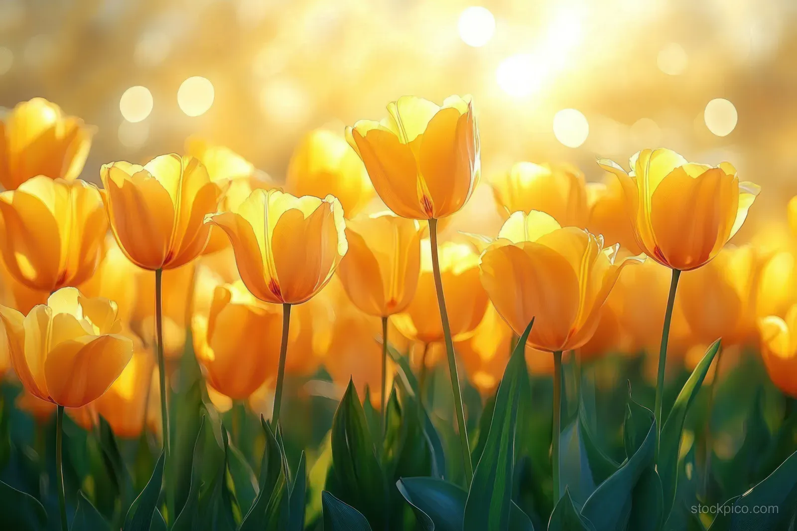 Golden yellow tulips sway in warm spring sunlight with soft bokeh highlights across a lush green field.