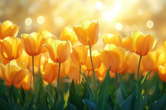 Golden yellow tulips swaying in spring sunlight with soft bokeh glow across the field